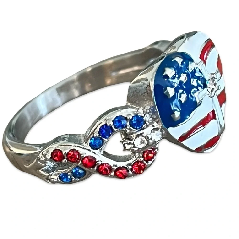 Heart Cross USA Flag Enameled Ring Size 8